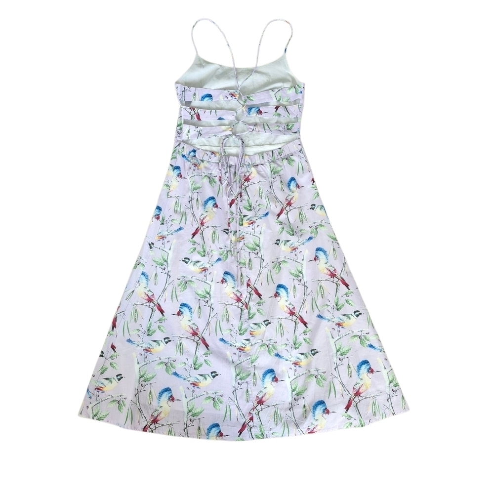 NWT Hilary Macmillan Lace Up Back Cotton Midi Dress Tropical Birds Print - Picture 4 of 8